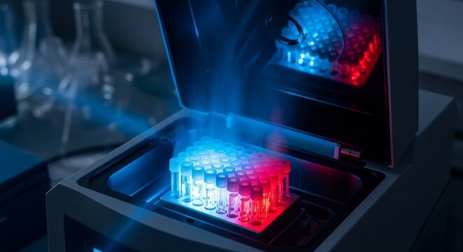 PCR Thermal Cycler with Glowing Samples in Laboratory