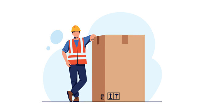 Male construction worker in a safety vest and hard hat leans confidently against a large cardboard shipping box in a modern vector style.