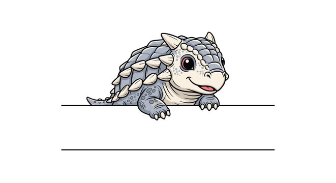 Small and cute baby ankylosaurus dinosaur peeking over a horizontal line with a friendly smile in a colorful prehistoric illustration.