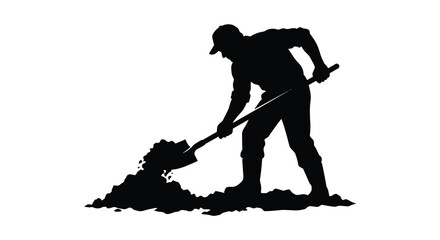 Man digging with shovel gardening worker in black silhouette © Mama