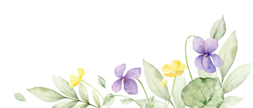 Watercolor corner border with meadow flowers. Greenery wreath for wedding invitation, greeting cards, save the date, stationery design.  Hand painted botanical illustration.
