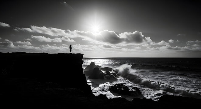 Black‑and‑white seascape: lone figure standing on cliff edge above crashing waves, bright sun breaking through clouds
