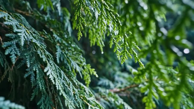 Layered leaves of cedar hanging in cool green shade, detailed conifer foliage corridor with soft depth, fresh evergreen needles and calm woodland atmosphere for natural background wall use scene