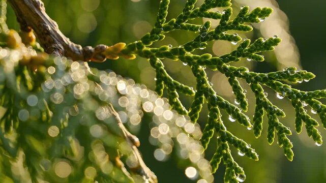 Dewy leaves of cedar branch in golden morning light with sparkling water droplets, soft forest bokeh, fresh evergreen texture, quiet botanical macro scene for nature wellness visual backdrop