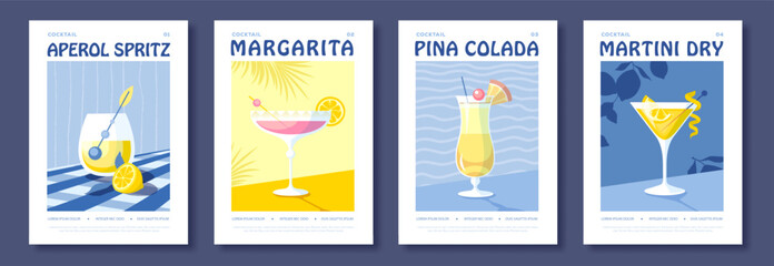 Obraz premium Set of summer Italian flat posters or covers with cocktails. Menu design. Vector illustration