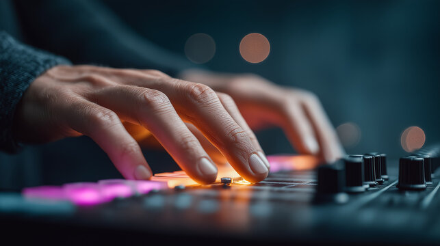 Man musician plays electronic drum pad controller in dark night club. Dj mixing music with professional midi gear. Sound production equipment for live performance and creative inspiration.