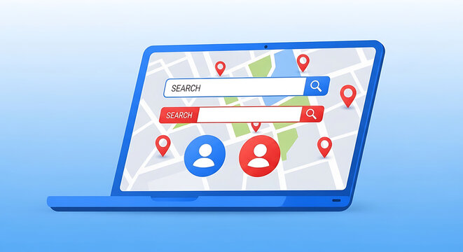 A laptop displays a map with search icons on screen indoors.