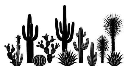 Fototapeta premium Collection of desert cactus and succulent plant silhouettes for southwest design