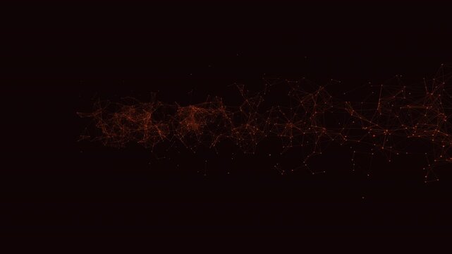 Abstract 3D flowing river network visualization featuring glowing synaptic connections in a crimson and orange spectrum. Cinematic wide and subtle continuous Y orbit perspective with a seamless loop 