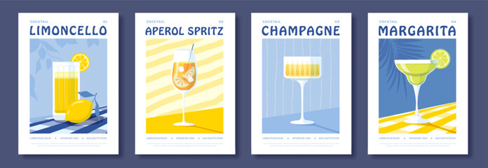 Obraz premium Set of summer Italian flat posters or covers with cocktails. Menu design. Vector illustration