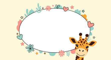 Fototapeta premium Cute cartoon giraffe peeking into a decorative oval frame embellished with hearts, stars, flowers, and leaves.