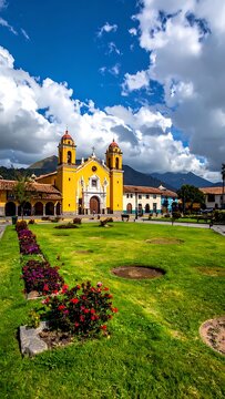 Vibrant yellow church in green garden.