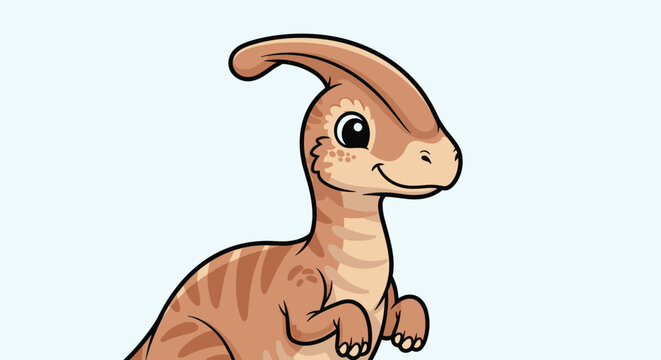 Adorable baby Parasaurolophus dinosaur smiling and looking to the side against a light blue background for kids.