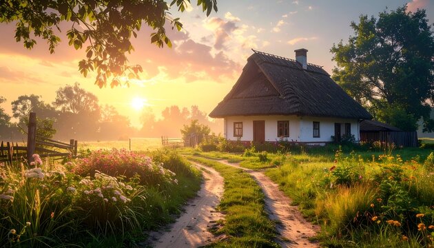 A thatched cottage, surrounded by lush greenery, basks in a vibrant sunset, casting golden hues