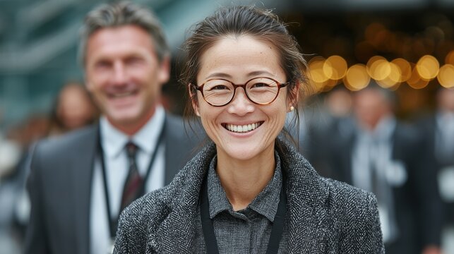Two Asian office colleagues in a half-body pose with friendly smiles, minimal bright background and modern business teamwork concept