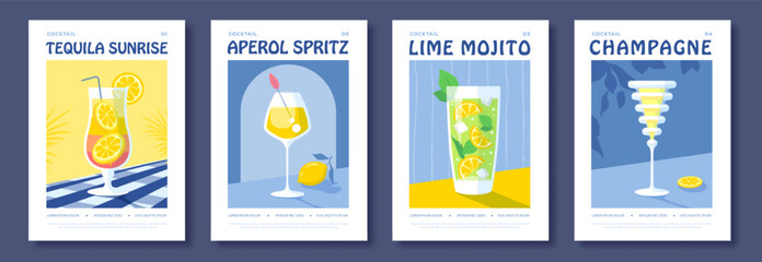 Obraz premium Set of summer Italian flat posters or covers with cocktails. Menu design. Vector illustration