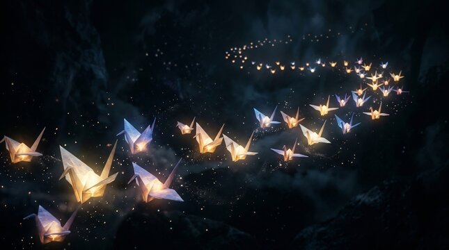 Glowing origami paper cranes fly in a sweeping formation through a dark, mysterious forest environment, emitting a soft light that contrasts with the deep shadows of the trees.