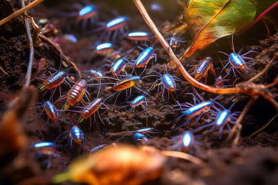 Tiny insects in forest soil demonstrating natural ecosystem
