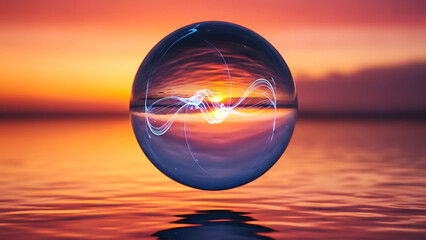 A crystal ball floats above rippling water reflecting a vibrant sunset with swirling lights on the horizon at dusk.