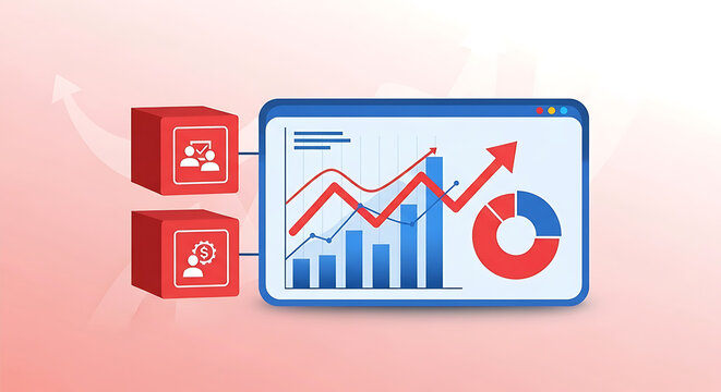 A 72 (75).jpg chart shows statistics on a screen connected to servers in a business setting with graphs and people.