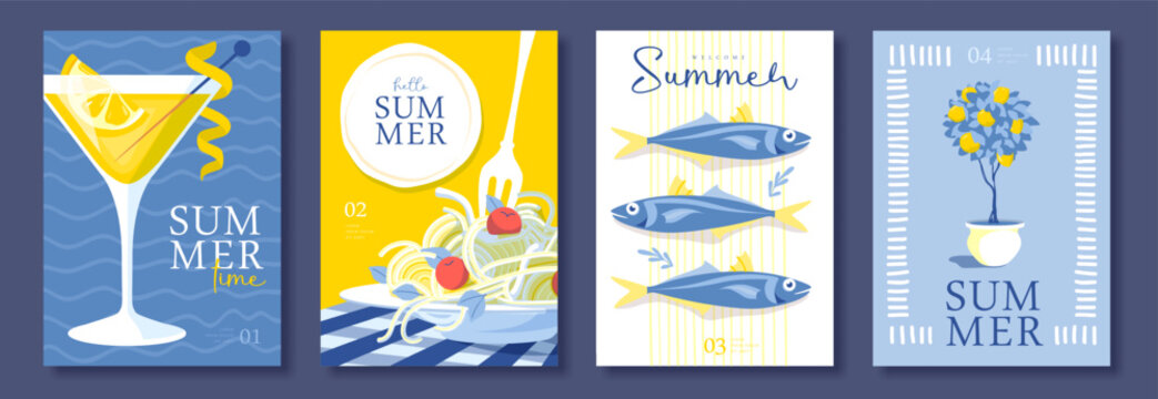 Set of summer Italian posters or covers with limoncello cocktail, pasta, tomatoes, fish, lemons and lemon tree. Menu design. Vector illustration