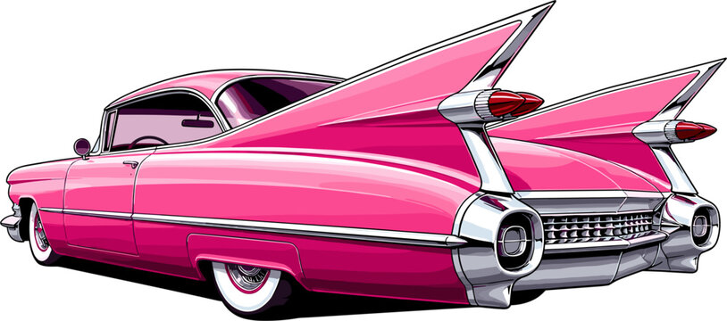 Isolated retro pink convertible car with iconic tail fins, vector