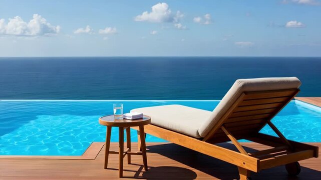 Static shot of lounge chair and side table beside infinity pool overlooking open ocean on sunny midday with clear sky