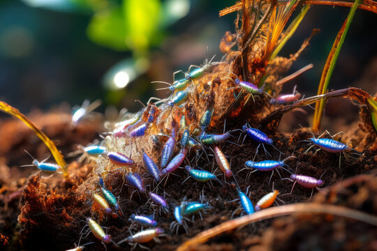 Detailed view of springtail ecosystem in macro photography
