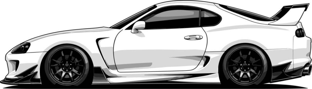 White aggressive sports car, vector art style, custom body kit, large