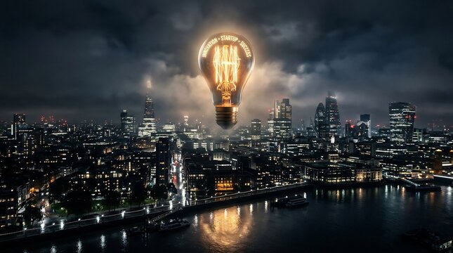 Lightbulb glowing with intense warmth floats above a dark urban cityscape during the night to represent innovation, creative thinking, and brilliant technological advancement in modern business.