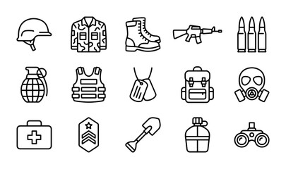 Military Icons Set, Army Equipment Vector Graphics, Soldier Gear Collection, Warfare Symbols © Afsana