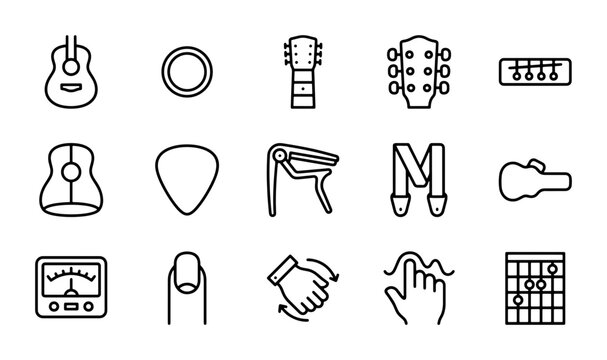 Guitar Accessories Vector Icons Set, Music Tools Line Art Collection, Acoustic Instrument Elements