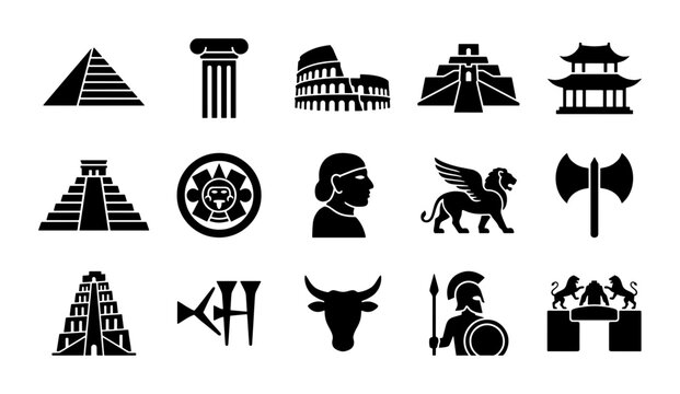 Ancient Civilizations Icons Set: Pyramids, Colosseum, Maya, Greek Warrior, Egyptian Symbols