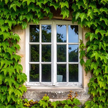 Vines covering old house window frame.