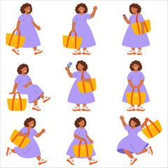 Fototapeta premium A set of nine illustrations showcasing a woman in a purple dress and yellow handbag in various dynamic poses, highlighting movement and style.