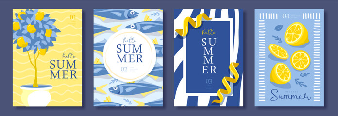 Fototapeta na wymiar Set of summer Italian posters or covers with lemon tree, fish pattern, frames, lemon slices and zest. Menu design. Vector illustration