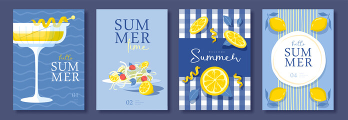 Set of summer Italian posters or covers with limoncello cocktail, pasta, tomatoes, lemons and lemon zest. Menu design. Vector illustration