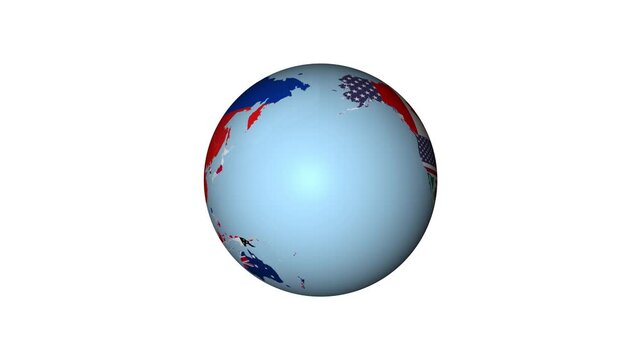 3D Rotating Globe Animation Featuring National Flags of World Countries on a Minimalist White Background, different nations and world peace and travel concept 4k loop