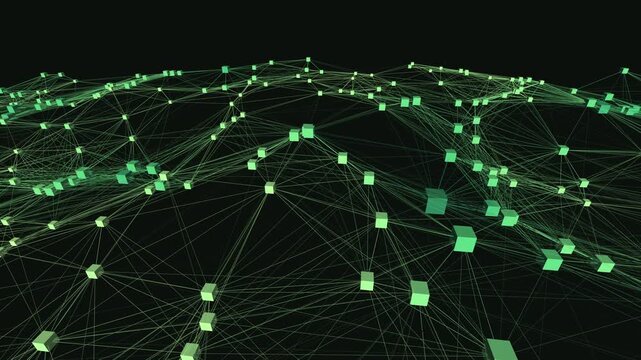 Abstract 3D vector field network visualization featuring cyber-block structures in a neon lime spectrum. Cinematic wide and X spin tilt perspective with a seamless loop of pulsing cluster activity. 