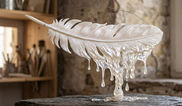 Sculptural Feather Made of Melting Pearlescent Wax with Fluid Texture