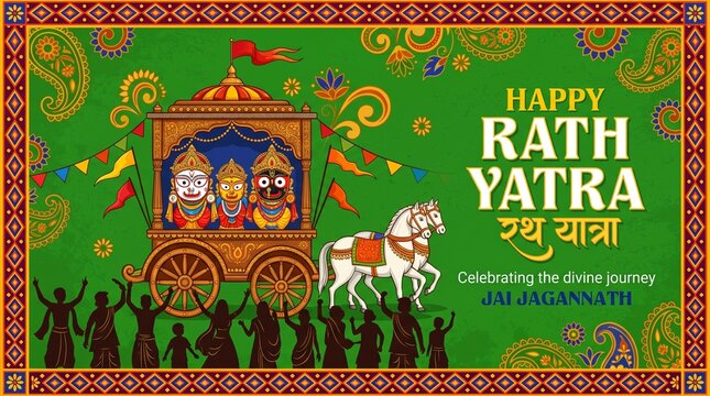 Rath yatra india colorful chariot festival scene with jagannath balabhadra subhadra illustration for banner poster greeting card and religious celebration ... 