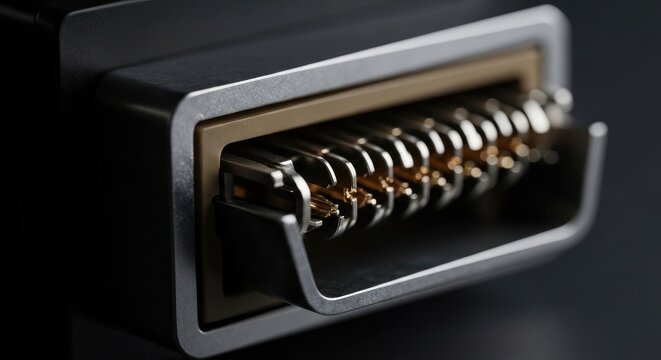 Close-up of a DisplayPort Connector Showing Pins and Metal Housing.