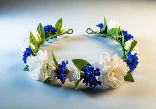 A delicate handmade floral circlet featuring lush white petals and deep sapphire blue blossoms, celebrating purity and natural beauty, wedding, white, circlet