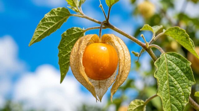 close up macro orange beautiful uchuva fruit in tropical clear blue sky