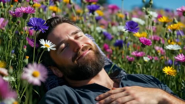 Slow motion tracking shot of bearded man lying and smelling wild flowers in sunny meadow during daytime