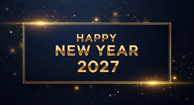 Happy New Year 2027 celebration banner with golden glowing border on dark starry background