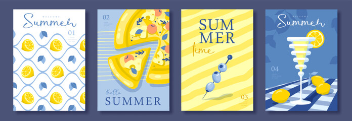 Obraz premium Set of summer Italian posters or covers with limoncello cocktail, olives, pizza and lemon pattern. Menu design. Vector illustration
