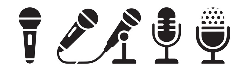 Set of five black microphone icons in various designs, including handheld and stand models. © Sumon