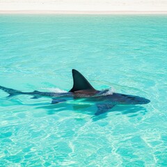 Fototapeta premium Large predator shark fin slicing through the shallow, turquoise ocean water near a pristine sandy shoreline, indicating potential hazard, bay, warning, fish