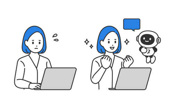 AI･チャットボットで作業を効率化するビジネスパーソン女性のセット【人物ベクターイラスト素材】
